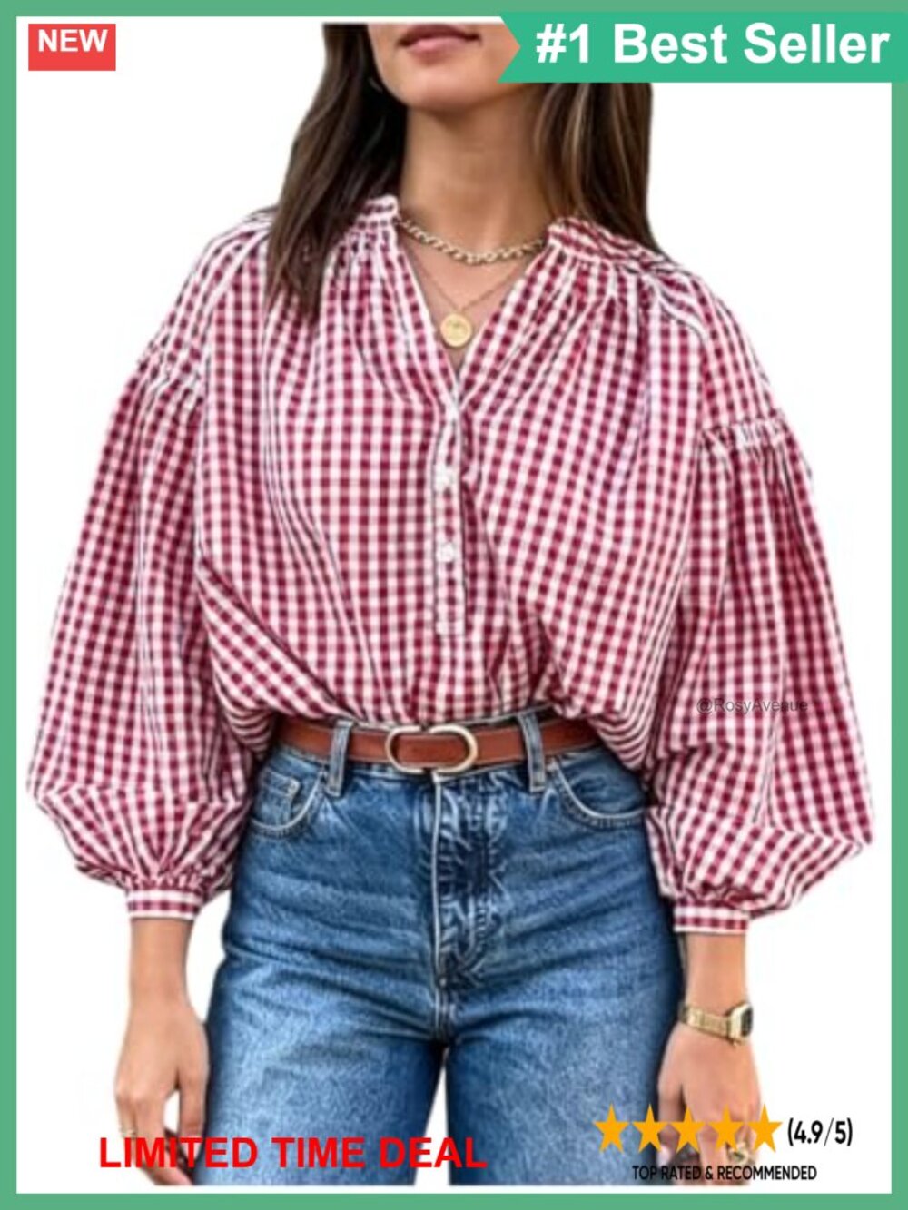 Womens Gingham Plaid Button Down Blouse Notched V Neck Long Sleeve